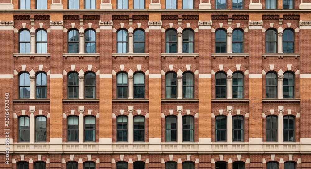 Obraz premium Historic Red Brick Building Facade with Arched Windows