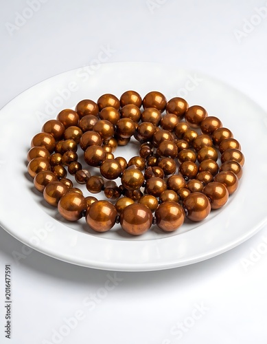 A plate of brown beads on a white surface