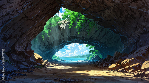 Anime style cave mouth background illustration