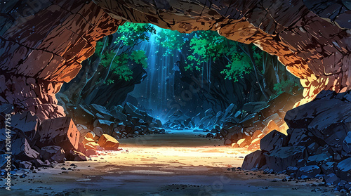 Anime style cave mouth background illustration