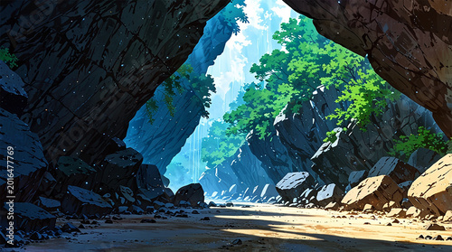 Anime style cave mouth background illustration