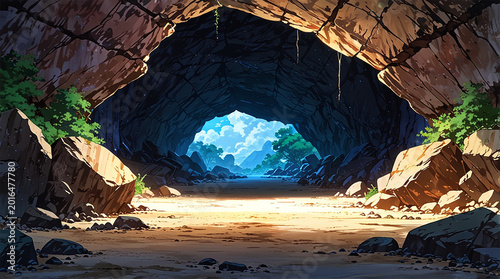 Anime style cave mouth background illustration