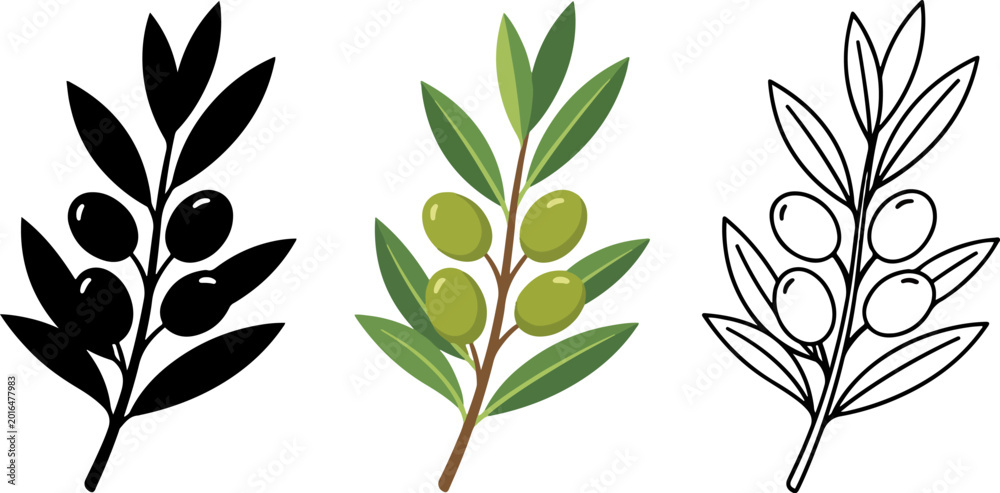 Fototapeta premium Three different artistic representations of an olive branch with olives and leaves
