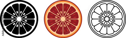 Canvastavla Three stylized illustrations of citrus fruit slices showing black silhouette col