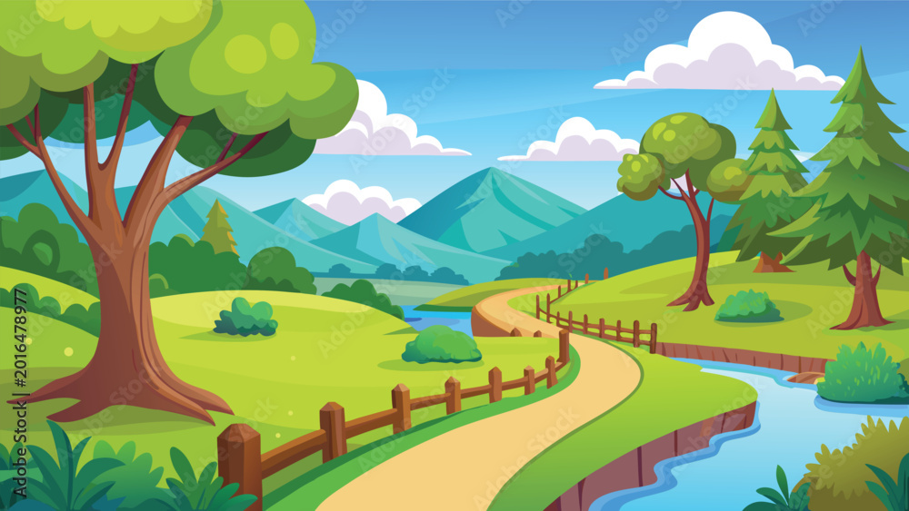 Fototapeta premium Beautiful summer landscape with a winding path and a small river flowing through green hills Vector