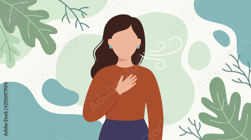 Konstfotografi Woman taking deep breath with hand on chest for relaxation and mindfulness