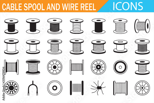 Foto : Cable spool and wire reel icons set with electrical coils drums rolls and indu