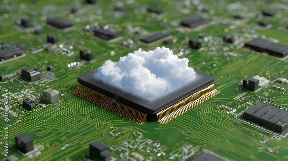 Naklejka premium A conceptual view of a cloud emerging from a detailed green circuit board symbolizing advanced data processing and cloud computing