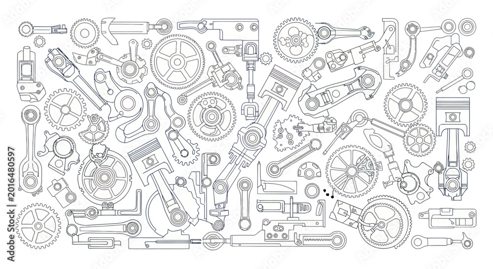 Obraz premium Abstract Mechanical Engineering Parts and Gears Pattern - Blueprint Style