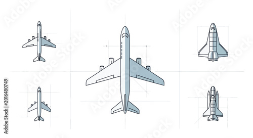 Quadro em tela Aircraft and Space Shuttle Blueprints: Top View of Aviation and Spacecraft Desig