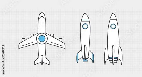 Photography Airplane and Rockets Vector Illustration - Transportation and Space Travel Conce