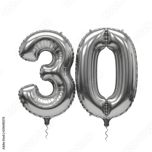 Silver number 30 foil balloons, metallic chrome 30th birthday celebration balloons, shiny reflective thirty anniversary party decor on white background