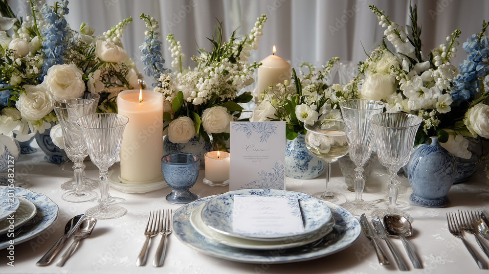 Fototapeta premium Blue white rustic Wedding table set up in classic style with blue flowers and candles and plates
