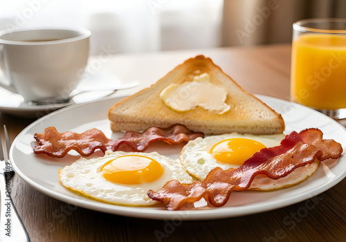 Delicious breakfast plate with eggs, bacon, toast, and hash browns