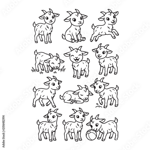 Cute cartoon goats line art illustration on a white background