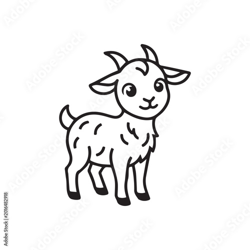 Cartoon goat illustration black and white line drawing on white background