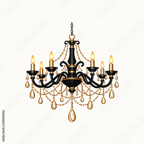 Elegant black and gold chandelier vector illustration with illuminated candles