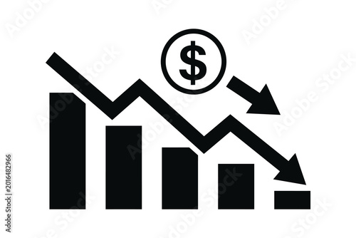 Financial decline icon with downward arrow and falling bar chart vector