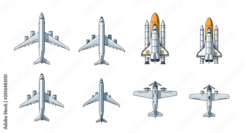 Fototapeta premium Collection of Airplanes and Space Shuttle Icons: Top View