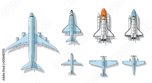 Fotografie Collection of Aircraft and Spacecraft, Top View: Jets, Propellers, Space Shuttle