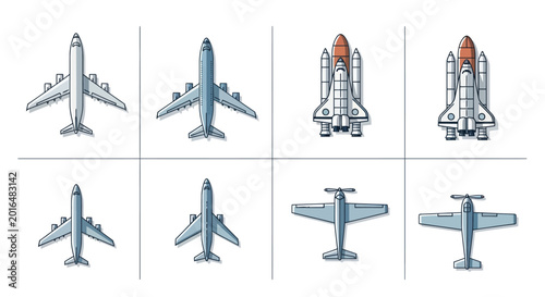 Collection of Aircraft Icons: Jets, Space Shuttle, Propeller Plane - Top View