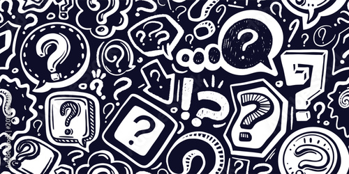 Question mark seamless pattern. Vector hand drawn chalk backdrop ideal for exam material, for quiz design, FAQ section or comic illustration and think inspired design wallpaper. Repeat scribble print