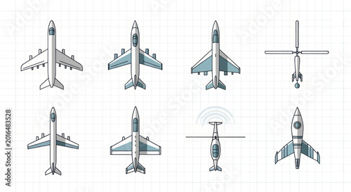 Photography Collection of Modern Aircraft and Jet Icons in Top View