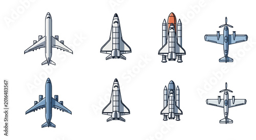 Foto Collection of stylized aircraft and spacecraft icons, top view