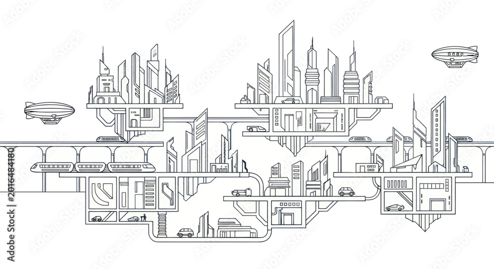 Fototapeta premium Futuristic Cityscape Line Art: Advanced Urban Design with Flying Cars and Monorails