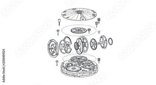 Tableau sur toile Exploded View Watch Mechanism Technical Drawing