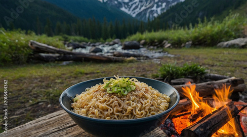 Image of delicious ramen noodles in the camping area