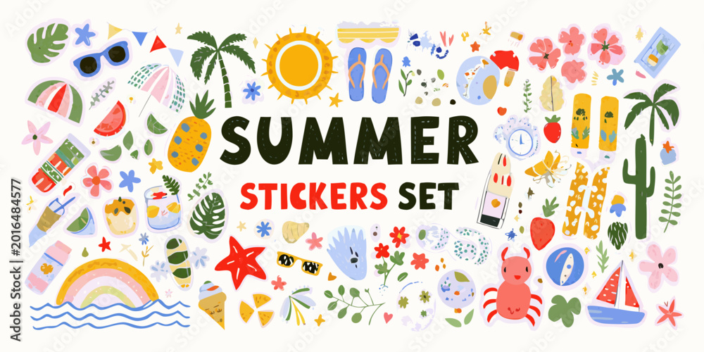 Obraz premium Summer vacation hand drawn sticker set with tropical elements