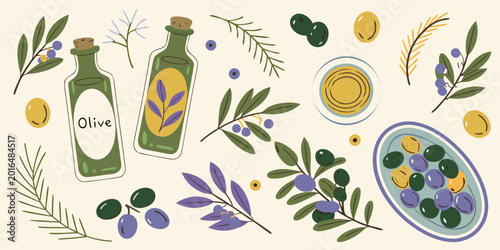 Olive oil and olives illustration earthy tones flat style