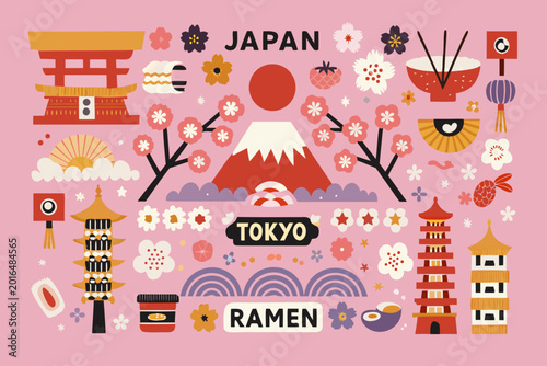 Japanese cultural elements vector illustration with mount fuji and ramen