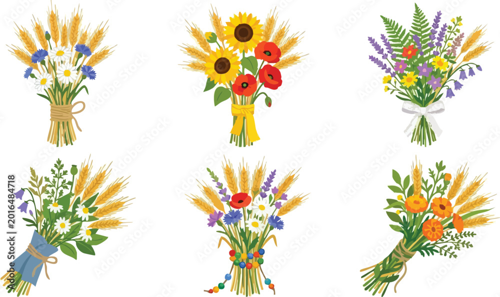 Fototapeta premium Colorful wildflower and wheat bouquet set with ribbons and beads vector art