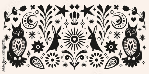 nature silhouette composition with owls rabbits and floral elements