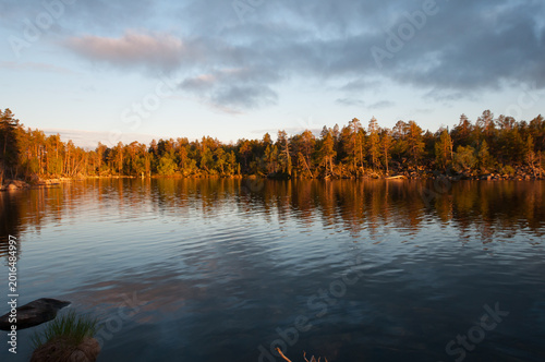 Late summer night lake shore scenery on a forested wilderness island on the lake Inari in Lapland, Finland