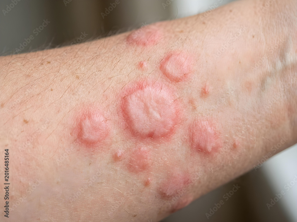 Fototapeta premium closeup of skin with urticaria hives rash on human arm medical condition