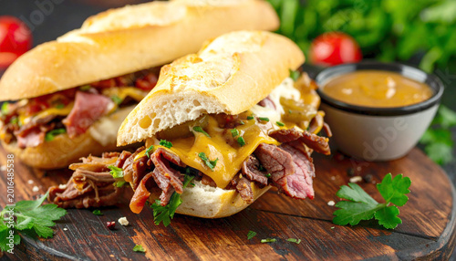 Beef and cheese hot sub sandwich with gravy, macro shot. AI