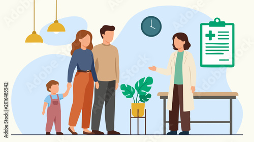 Tableau sur toile Family of parents and child consulting with a female doctor in a clinic
