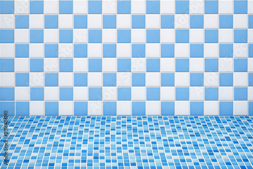 A blue and white checkered tile backsplash with a glossy floor tiles.