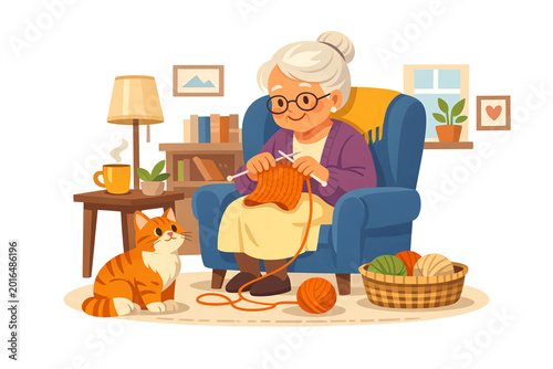Elderly woman knits comfortably in armchair. Cat rests nearby, watching her work. Knitting yarns and balls lie on floor. Cozy room features lamp and potted plants. Soft lighting enhances warm