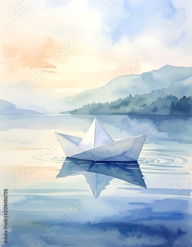 A serene lake scene with a paper boat at sunset