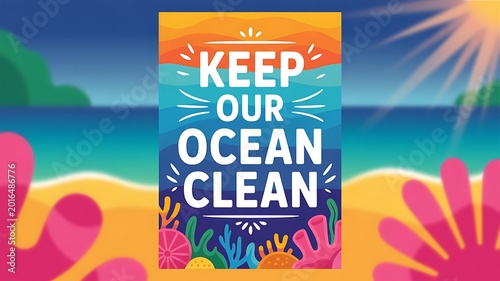 Keep our ocean clean environmental awareness poster on tropical beach background with sea and sun, environment