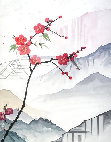 A serene landscape with cherry blossoms and ancient architecture