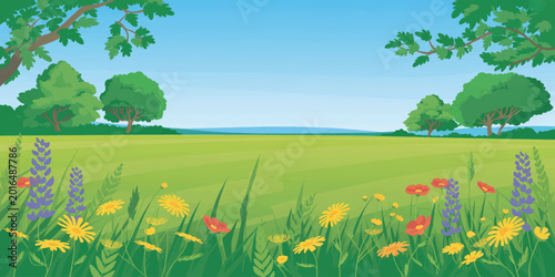 Sunny Wildflower Meadow Landscape With Blooming Spring Flowers, Green Grass Fields, and Clear Blue Sky Countryside Scenery