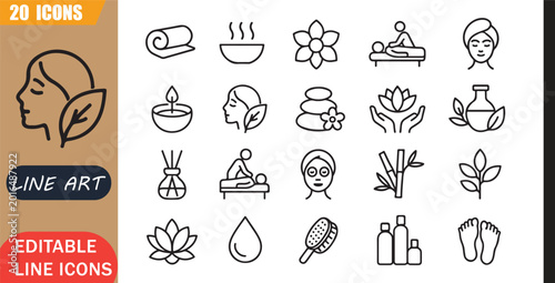 Foto Isolated spa wellness icons set, 20 editable line art icons set, relax massage t