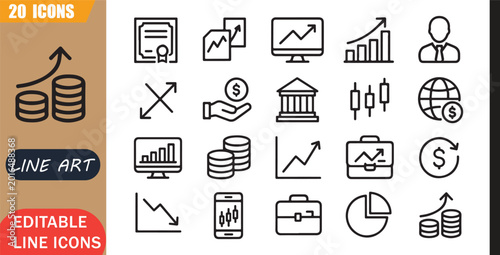 Isolated stock market icons set, 20 editable line art icons set, shares trading broker finance investment portfolio chart profit, stock trading tools, minimal clean outline vector
