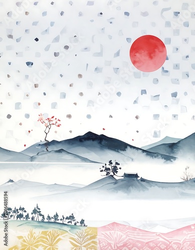 A serene landscape with rolling hills, mountains, and a red sun