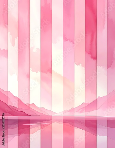 A serene pink-toned landscape with vertical stripes